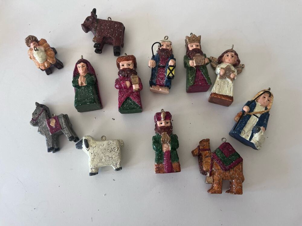 Vintage 12 Piece Christmas Mini Nativity Set Resin Ornaments Holidays